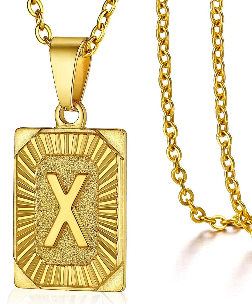 Initial Pendant Necklace for Women Simple Stainless Steel Cuba Link Charm Letter Square Necklace Men Jewelry Couple Gift