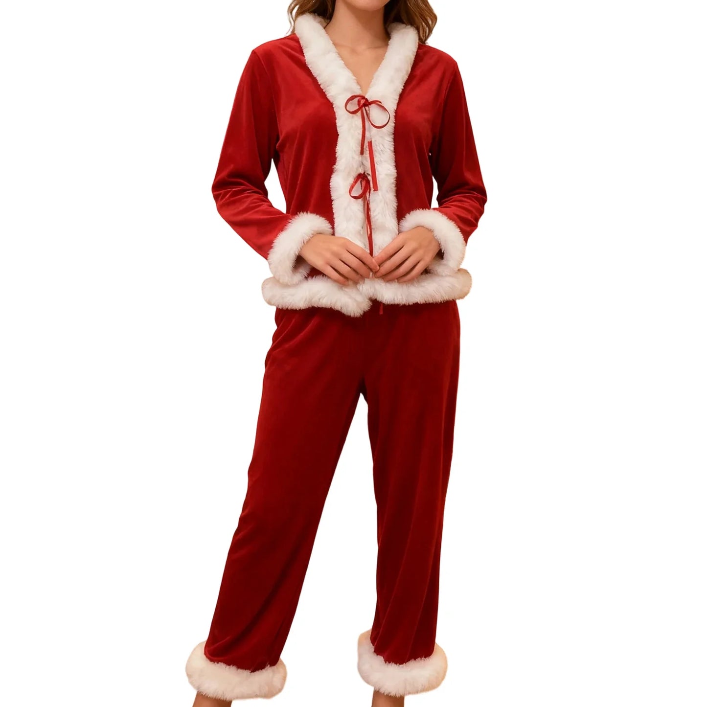 Womens Fall Winter 2 Pieces Pajamas Set Bow Tie Front Furry Trim V Neck Long Sleeve Tops and Pants Christmas Lounge Wear