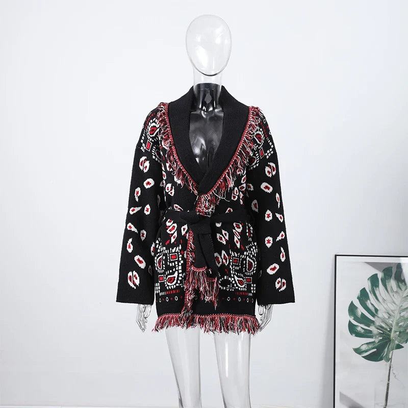 Casual Printed Cardigans Women Tassel Lace Up V-neck Full Sleeve Loose Knit Coat Female 2026 Autumn Fashion Lady Outwears