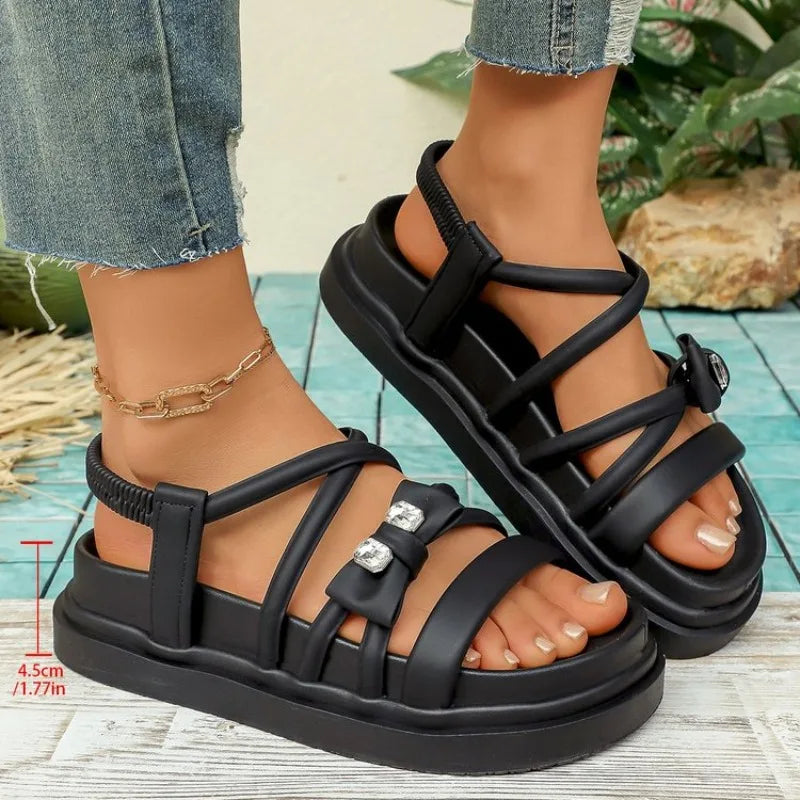 Women's Rhinestone Platform Sandals Casual Cross Strap Summer Shoes Non-Slip Thick Sole Beach Footwear