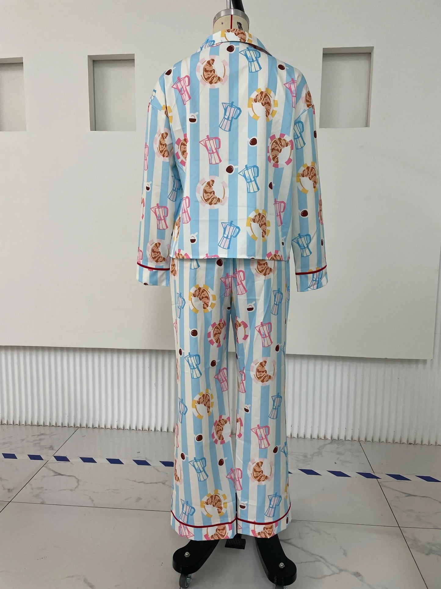 Hirigin Women's 2 Piece Lounge Set Fashion Long Sleeve Pattern Print Shirt Wide Leg Pants Sleepwear Sets for Winter Fall