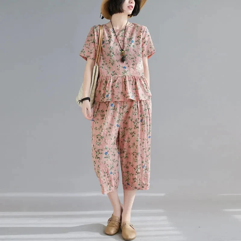 5XL Middle aged Female Pants Suit Cotton Two Piece Set Women Summer Printing Casual Set Top+Pants Two Piece Set Mom Style