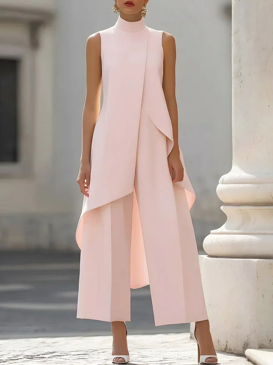 Sleeveless High Neck Jumpsuit With Asymmetric Draped Overlay Wide Leg Culottes Elegant Formal Evening Wear For Women