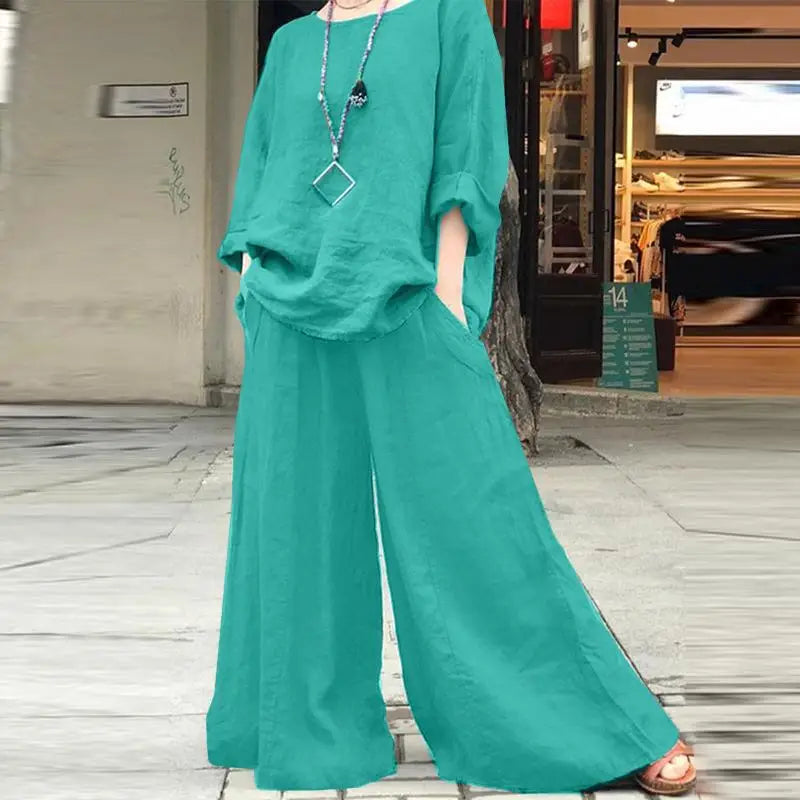 Casual Cotton Linen Set Women's O Neck Long Sleeve Blouses Wide Leg Pants Culottes 2piece Sets Autumn Retro Loose Female Suit