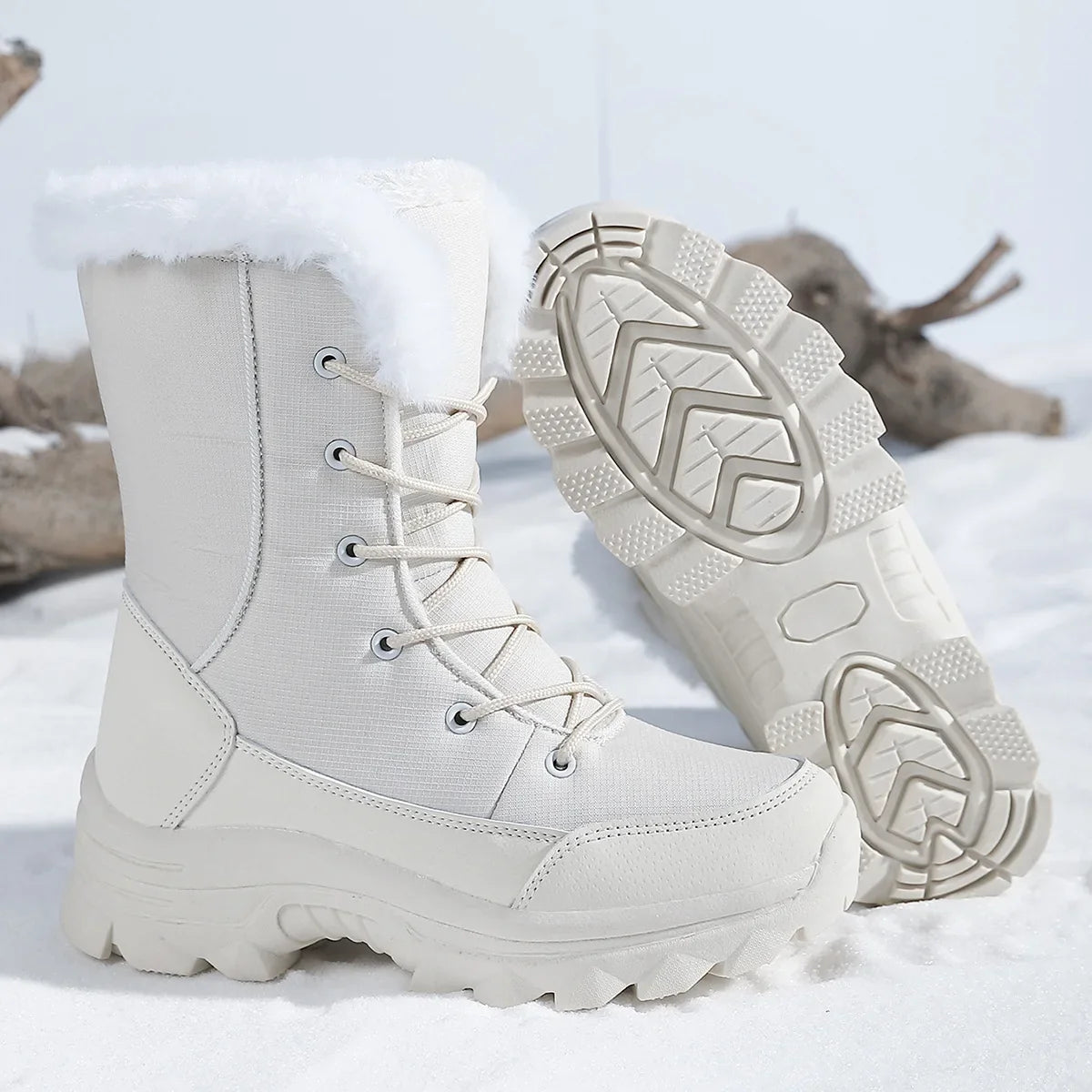 Winter Snow Boots Women Waterproof Non-Slip Warm Northeast-Style Large Cotton Shoes, Ski , Fleece-Lined, High-Top Cotton Boots