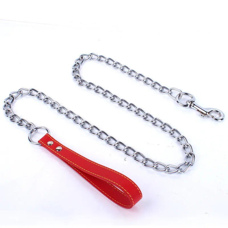 Metal Chain Dog Lead with Leather Style Handle Strong Control Leash Iron Dog Pets Supplies Collars Harnesses Chain Traction Rope