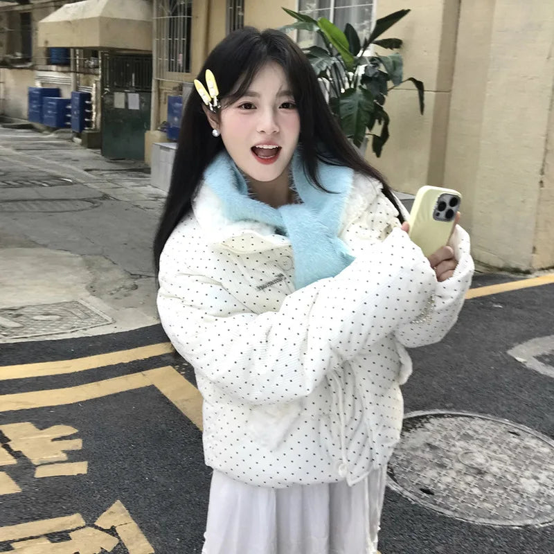 Women's Kawaii Polka Dot Down Cotton Jacket Korean Button Patchwork Corduroy Short Parkas Y2K Stand Collar Puffer Warm Jacket