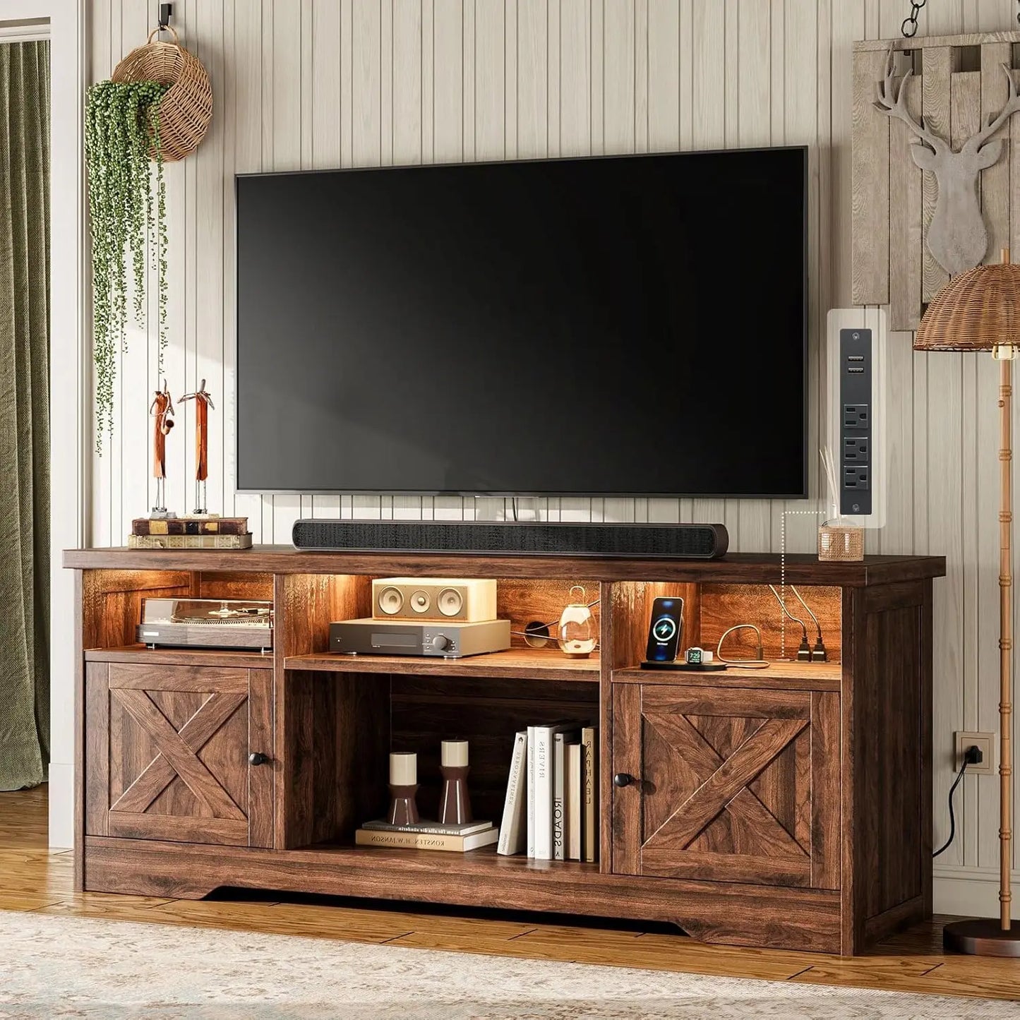 BIANXIANG Farmhouse TV Stand With Power Outlet And LED Lighting
