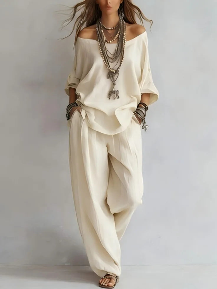 Summer New Casual Loose Linen Women's Two Piece Set Three-quarter Sleeve Off Shoulder Top Wide Leg Pants Suit Women Clothing