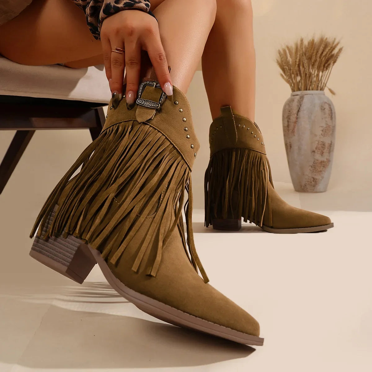 Women Ankle Boots Autumn Suede Chelsea Boots Pointed Toe Tassel High Heel Shoe Rivet Fashion Retro Cowboy Boots Botas Mujer