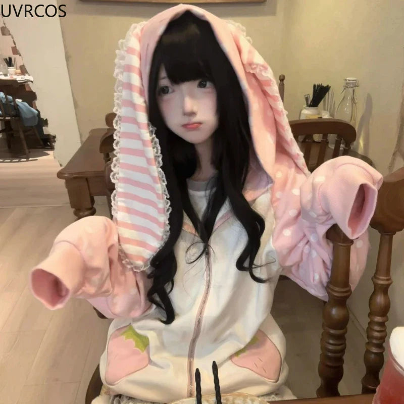 Sudadera con capucha Harajuku de conejo fresa