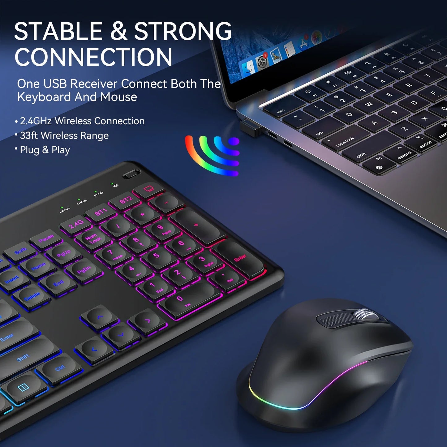 Ergonomic Backlit Keyboard Mouse Combo with Phone Holder 2.4G Wireless Rechargeable Keyboard Mouse Set for Win XP/7/8/10/11