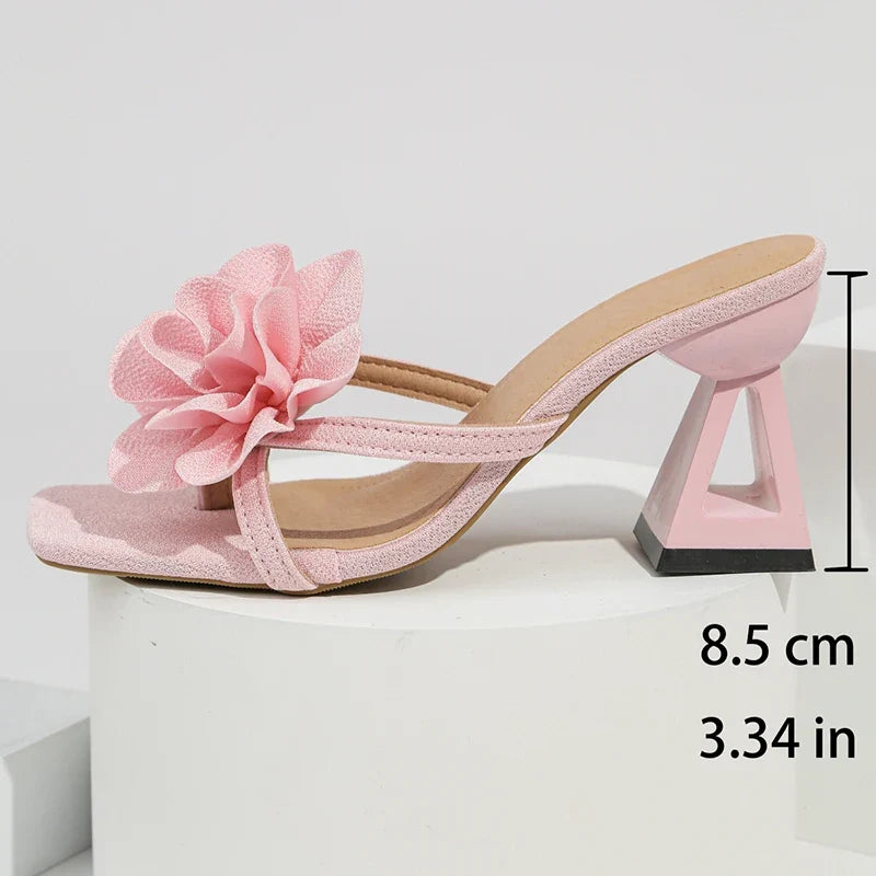 Pink Flower Thick Heeled Sandals Women Elegant Square Toe Party Wedding High Heel Shoes Woman Plus Size 43 Summer Sandalias