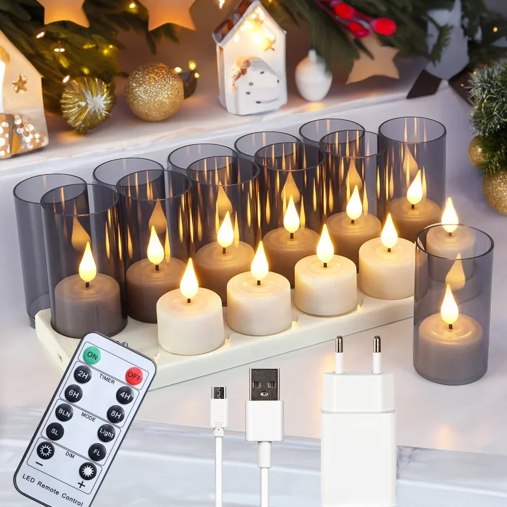 LED Candle Light Rechargeable Tea Lights Flameless Candles Led Light Timer Remote With Black Cups For Wedding Home Decor Lamp