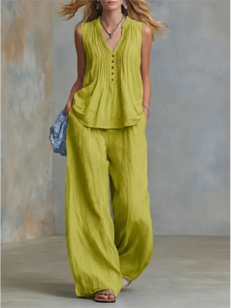 Fashion Pleated V-neck Sleeveless Women's Tops 2-piece Summer Casual Loose Wide-leg Trousers Female Elegant Office Trousers Set