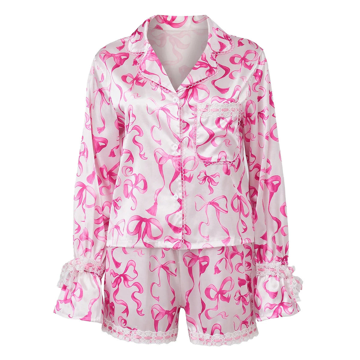 Womens Satin Christmas Pajamas Sets Print Button Up Long Sleeve Lapel V Neck Tops and Shorts Lounge Wear 2 Pieces Suits