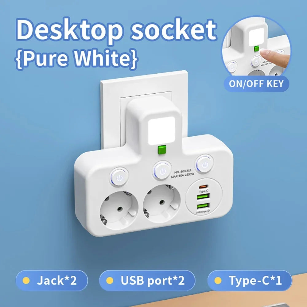 EU Plug Socket 4 Sockets Power Strip With 2 USB Type-C Port Without Extension Wall Charger Adapter For Home Offices