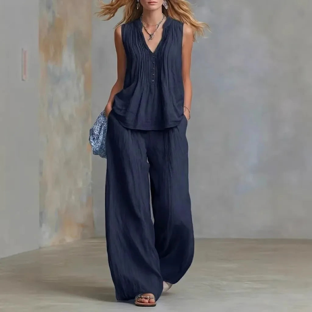Women's Pullover Blouse And Pants Two-piece Set Women's V-Neck Vest Top Summer Suit Elastic Waist Trousers Lady Sets Outfit 2026