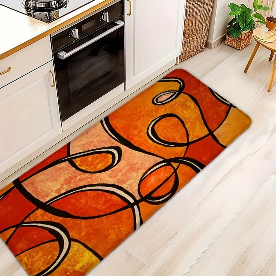 Abstract Orange Geometric Bath Mat, Black Line Print Non-Slip Rug, Soft Carpet for Bathroom, Living Room, Kitchen, Modern Decor