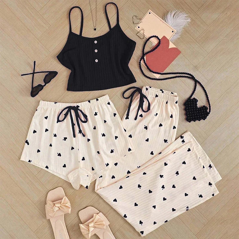 3 Pieces Pajamas Set Women Sleepwear Casual Heart-Shaped Printed Vest and Shorts and Pants Sets Homewear Pijamas