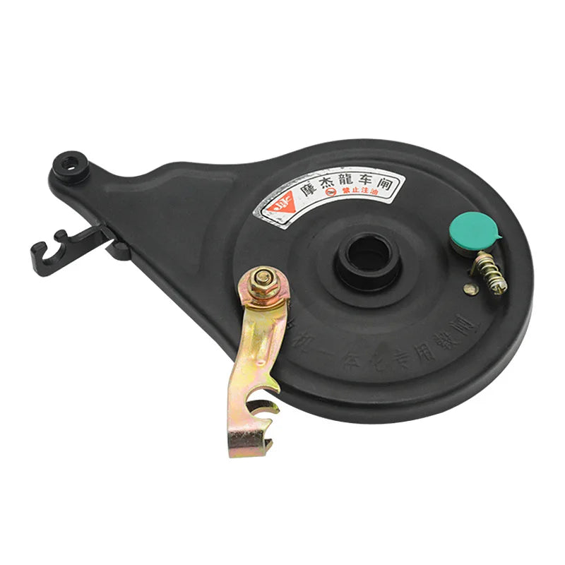 Electric scooter with 110-volt motor and integrated rear brake, electric motorcycle drum brake, tensioning assembly.
