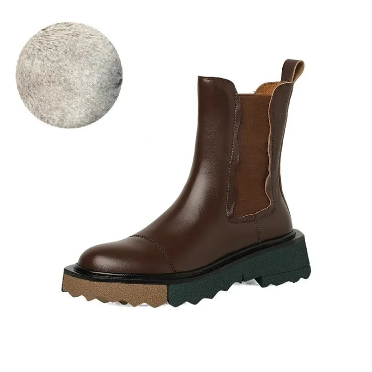 HOT SALE Autumn/Winter Women Boots Roend Toe Chunky Heel Shoes Chelsea Boots Genuine Leather Shoes for Women Flat Women Shoes