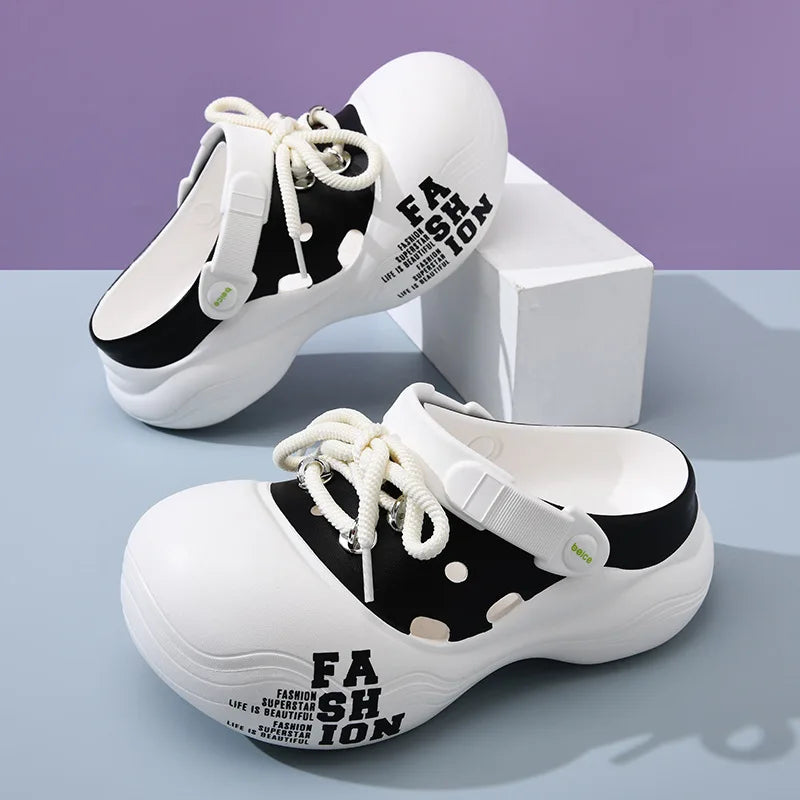 2026 New DIY Lace-up Fashion Clogs For Women Platform Slippers Thick Sole Summer Shoes Female Street Sandals Home Beach Slides