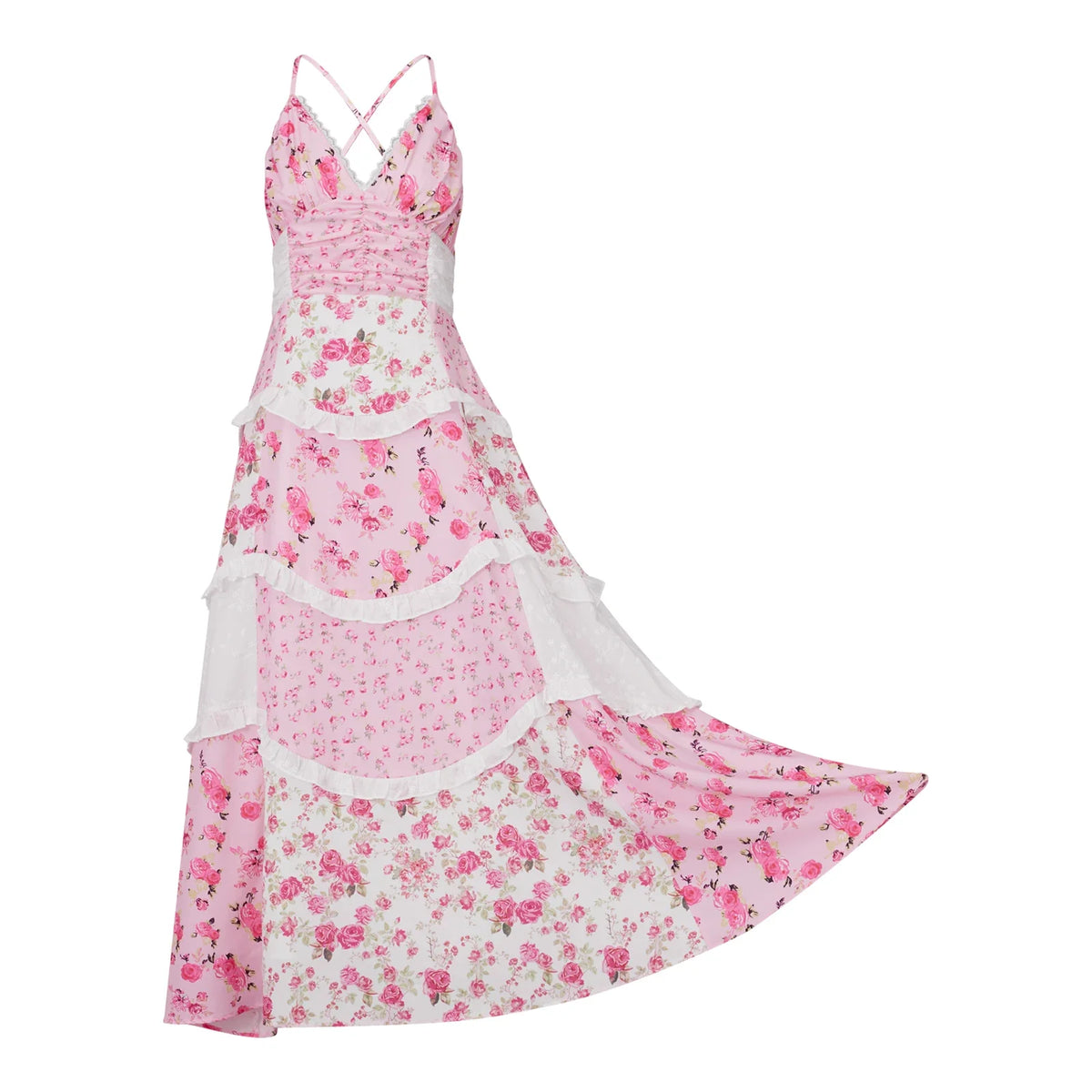 Women's Summer Floral Print Bohemian Long Dress Stylish Lace Patchwork Ruffled Trim Spaghetti Strap V Neck A-Line Dress