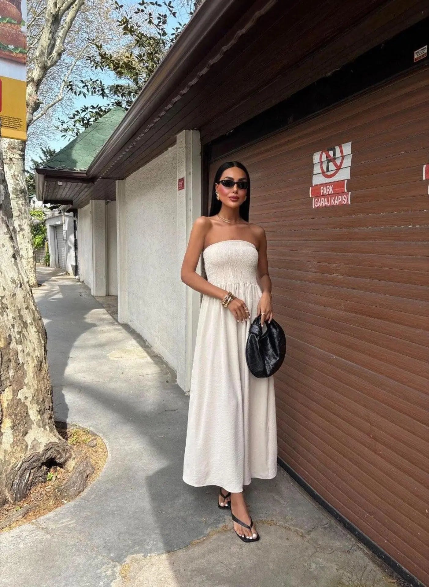 New Summer Fashion Solid Color Off-Shoulder Strapless Waist-Cinching