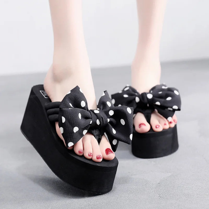 Summer Slippers Women Wedges Sandals Super High Heels Ladies Fashion Flip Flops Cute Bowknot Female Party Shoes Plus Size Slides