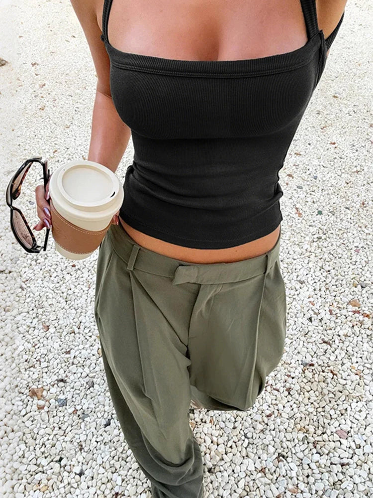 Ribbed Cross-Strap Backless Tank Top for Women