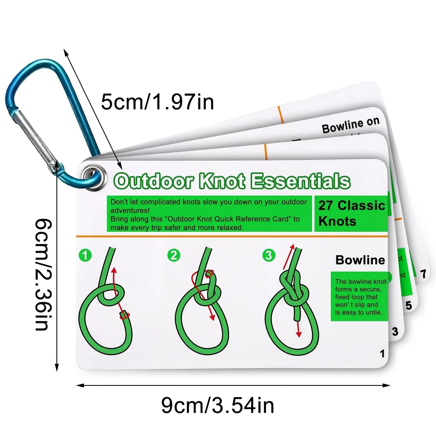 27 Knots Camping Hiking Guide Cards Set, Durable PVC Portable Reference with Carabiner Keychain, for Tent Setup & Outdoor Usage.