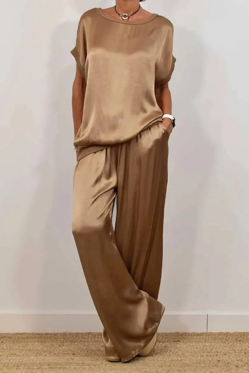Women's Satin Pants 2 Piece Set Summer Breathe Loose Short Sleeve Top Wide Leg Pants Casual Outfit Office Lady Elagant Set