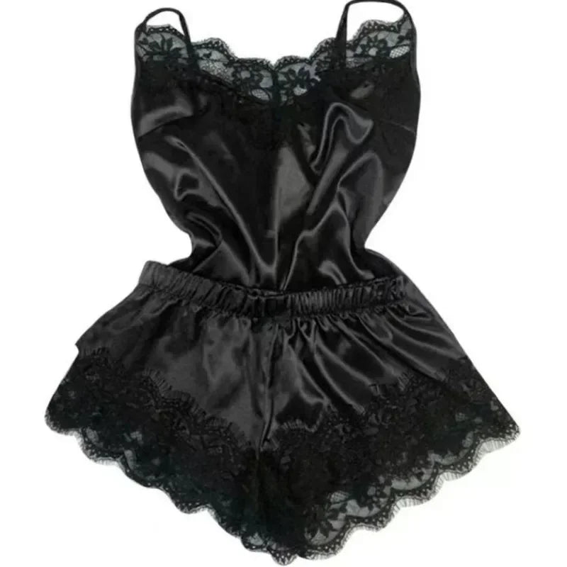 Summer Lace Silk Pajama Set Women Sleepwear Sexy Lingerie Camisole Shorts Cami Top Comfortable Casual Pijamas