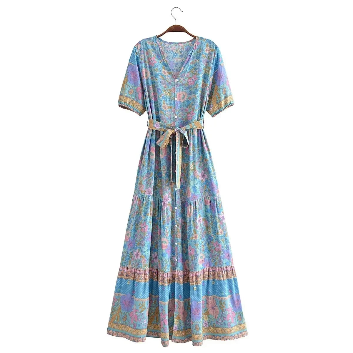 Foridol Single Breasted Bohemian Holiday Summer Women Dress Belt Casual Loose Maxi Floral Dress Short Sleeve Long Viscose Dress