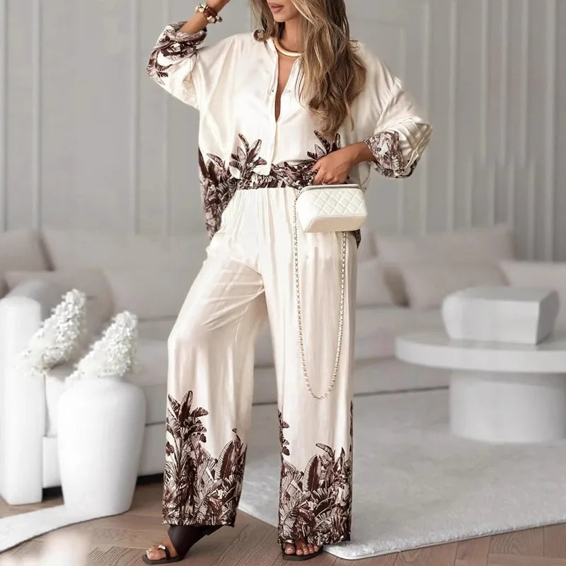 Elegant Women Loose Two Piece Set Chic Floral Print Long Sleeve Shirt Wide Leg Pants Set Bohemian Outfits Loungewear Pajamas Set