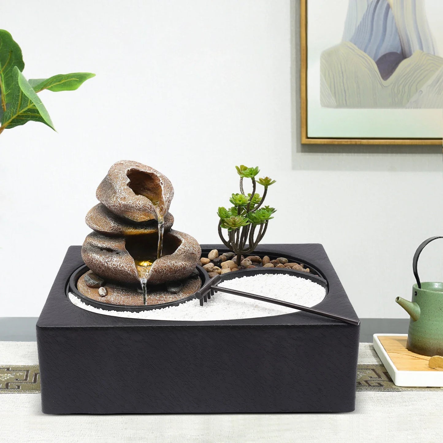 Bymaocar Tabletop Resin Rock Water Fountain With LED Light Indoor Decor