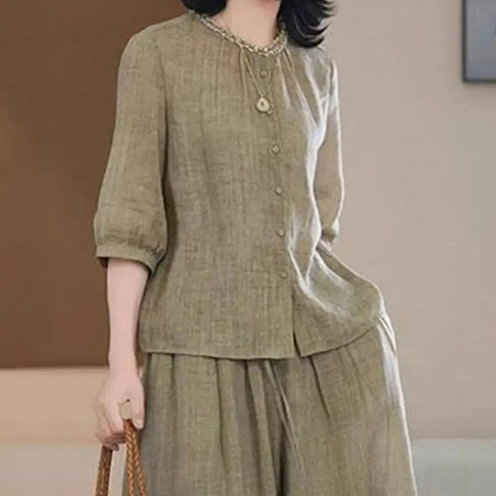 2026 Plus Size Casual Suit Women 2 Piece Cotton Linen Sets, Button Down Short Sleeve Top And Wide Leg Pants Casual Loose Lounge