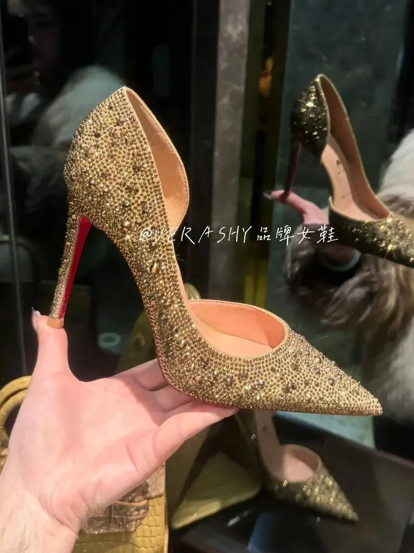 Red Sole Shoes High Heels Wedding Women Shoes Diamond Pumps Heel 10cm Crystal Shoes Rhinestone Pointed Toe Glitter Party Heels