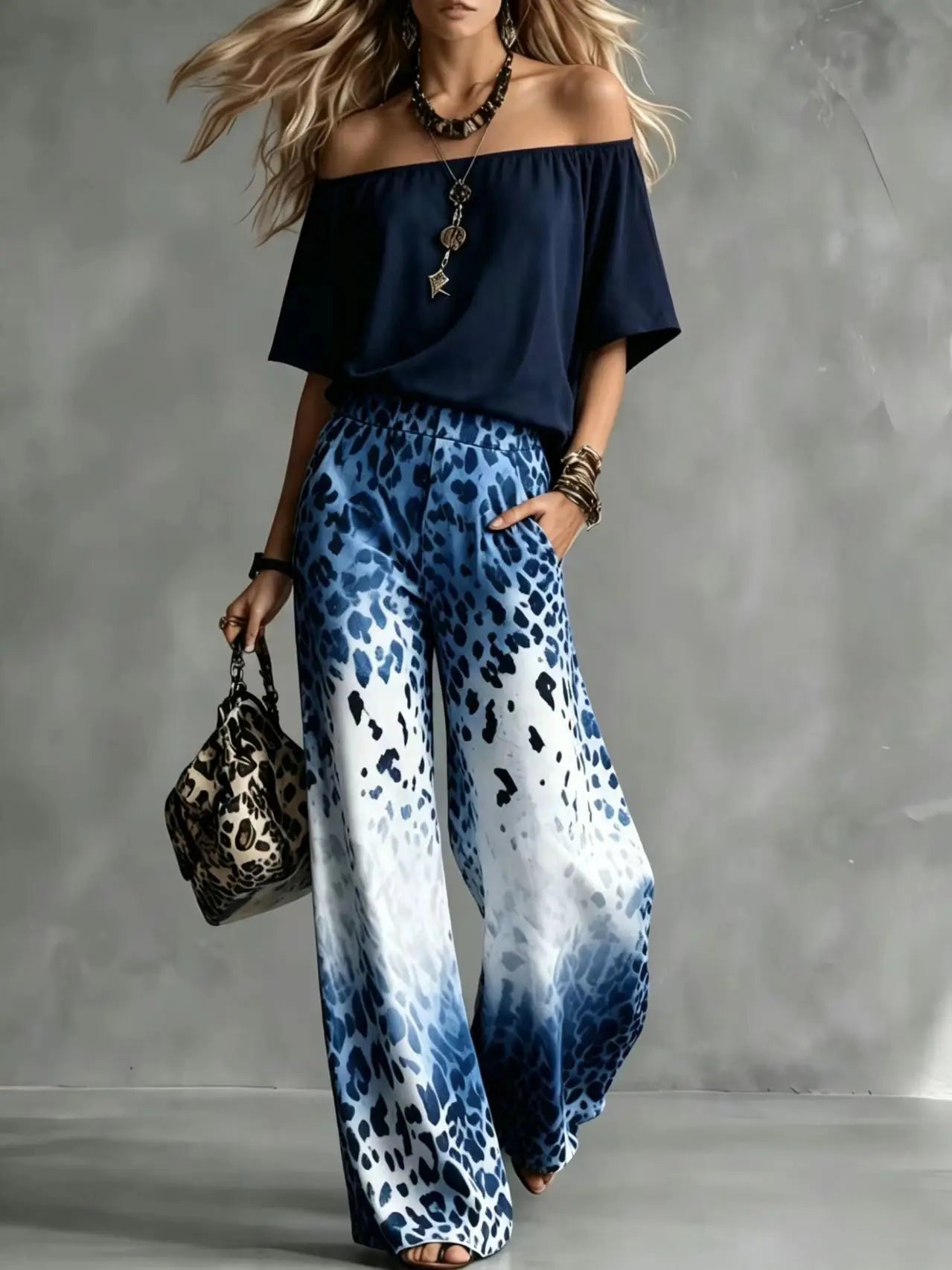 Summer Women Off Shoulder Short Sleeve Top Gradient Leopard Print Wide Leg Pants Two Piece Boho Casual Fashion Matching Suit New