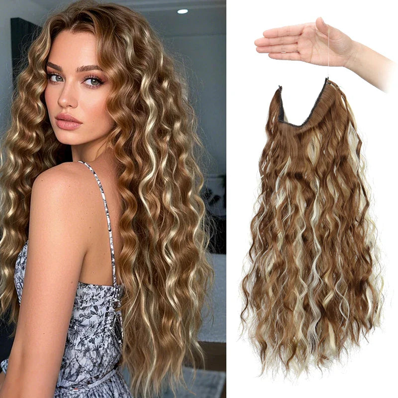 Long Synthetic Fishing Line Hair Extensions Water Wave Curly Styles for Women | Lightweight Fluffy-Looking Hairpiece
