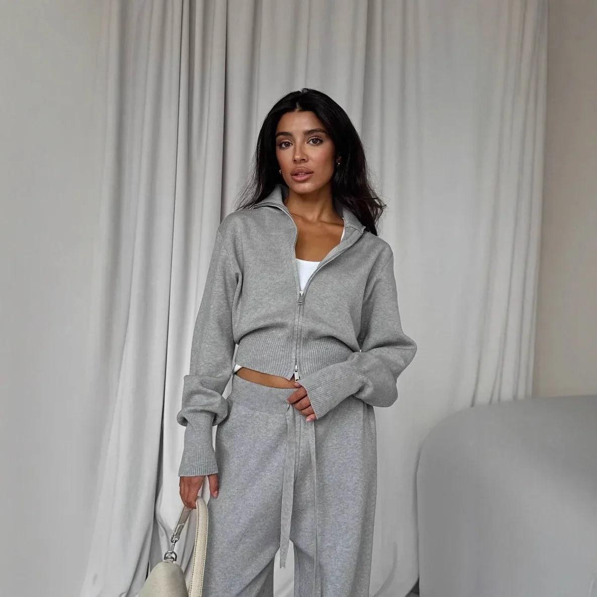 Women Cotton Knitted Cardigan Wide Leg Pants Suit Autumn and Winter Lady Fashion Loose Daily Office Jacket Straight Pants 2Pcs