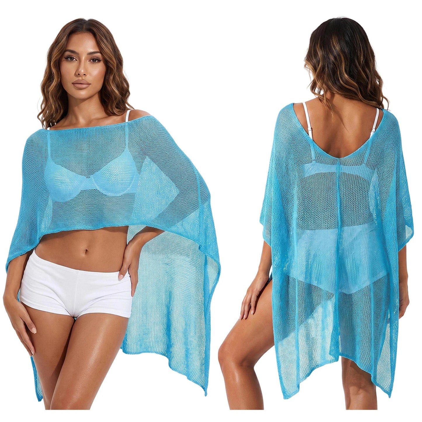 Women Knit Sheer Shawl Poncho Loose Fit Asymmetrical Hem Cape Sweater Summer Boho Casual Beach Cover-ups Knitwear