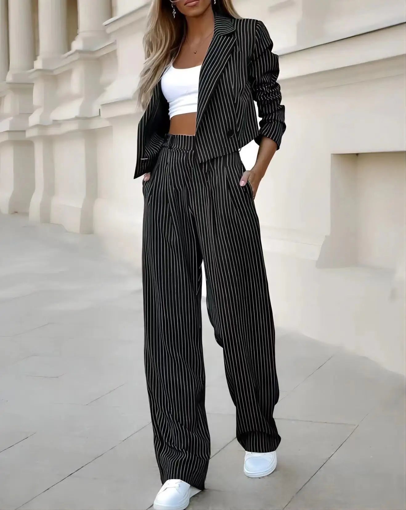 2026 Of Design Arrivals Spring Summer Women Clothing Temperament Leisure Striped Short Style Lapel Suit Straight-Leg Pants Suit
