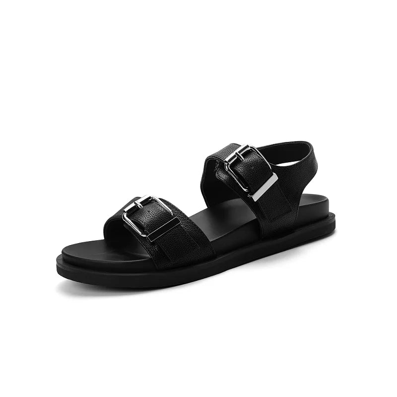 Summer Sandals Genuine Leather Yellow Footwear Flat Heeled Roman Style Women Sandals Gladiator Buckle Strap Shoes