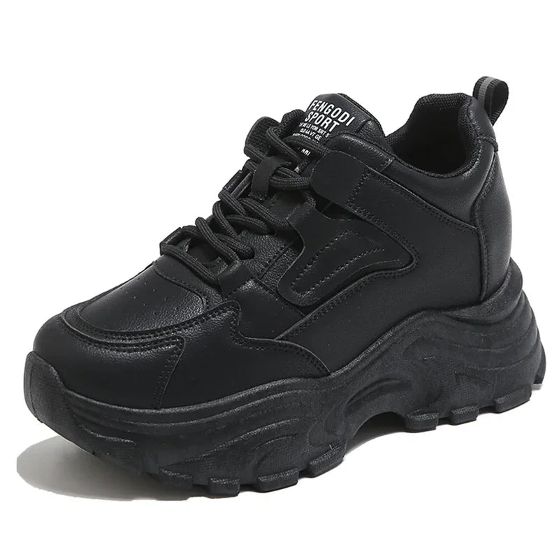 White Platform Women's Sneakers 2025 Autumn Lace-Up Thick Bottom Sports Shoes Woman Pu Leather Breathable Walking Shoes Female