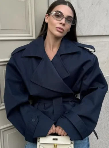 Fashion Women Lace Up Cropped Trench Coat 2026 Lapel Long Sleeves Wide Shoulder Windbreaker Jacket Lady Spring Commuting Outwear