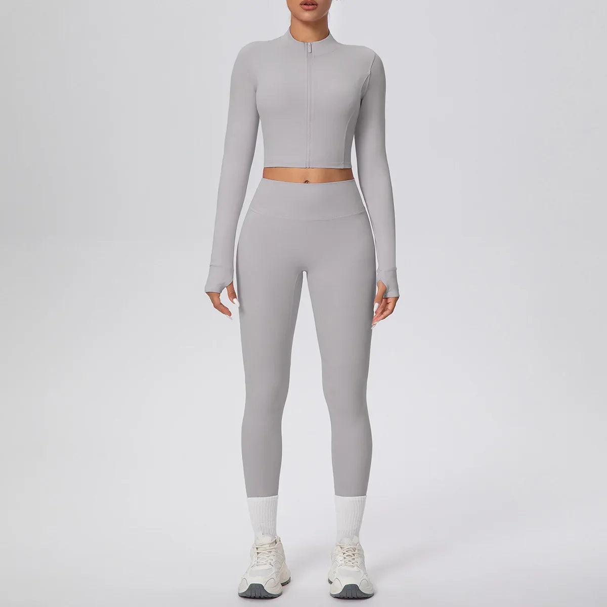 New Women Yoga Set Solid Color Double-Sided Brushed Bare Feel Short Long-Sleeve Jacket Tight Pants Running Fitness 2-Piece Set