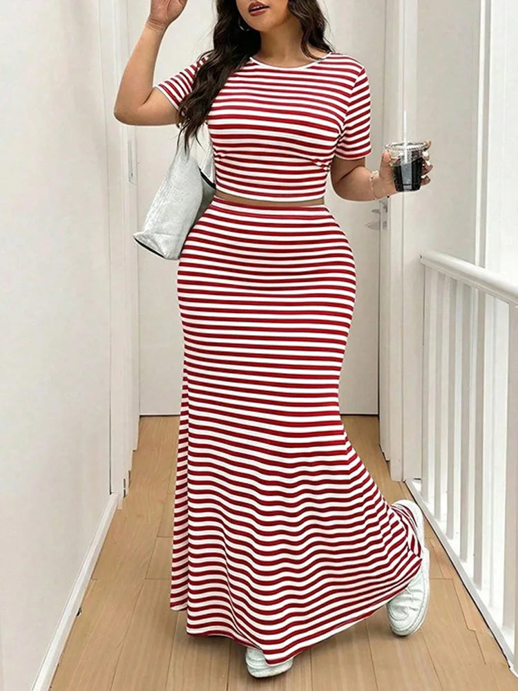 GIBSIE Plus Size Striped O-Neck Short Sleeve Crop Top Women Summer Mermaid Hem Long Skirts Set Female Casual Two Piece Outfit