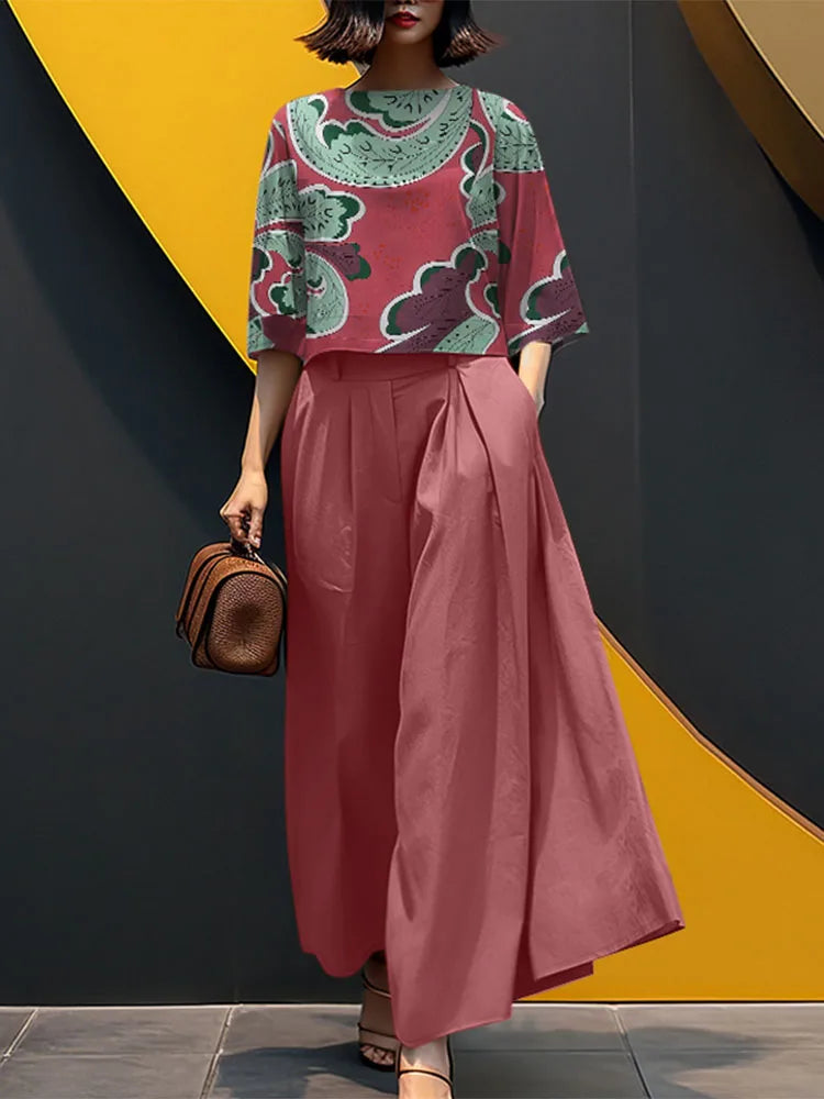 2025 ZANZEA Summer Trousers Suit Women 2PCS Outfit Stylish Work Matching Sets 3/4 Sleeve Printed Blouse Loose Wide Leg Pant Sets
